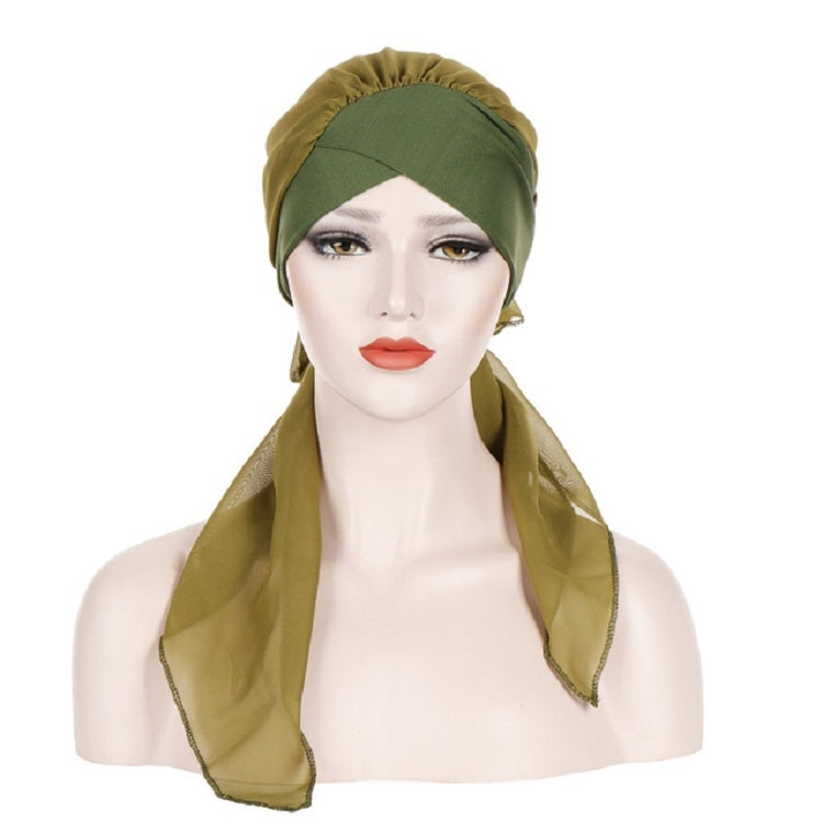 Ladies Forehead Cross Chiffon Long Tail Cap Turban Hat, One Size