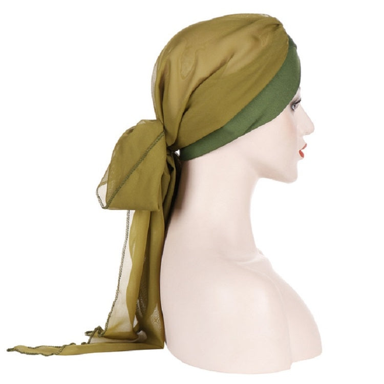 Ladies Forehead Cross Chiffon Long Tail Cap Turban Hat, One Size