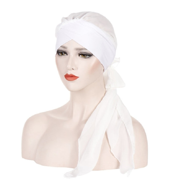 Ladies Forehead Cross Chiffon Long Tail Cap Turban Hat, One Size