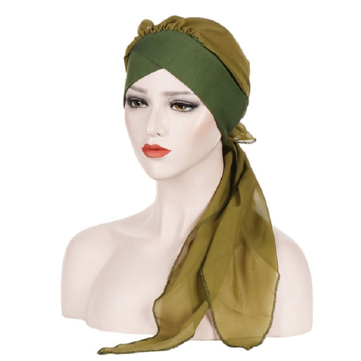 Ladies Forehead Cross Chiffon Long Tail Cap Turban Hat, One Size