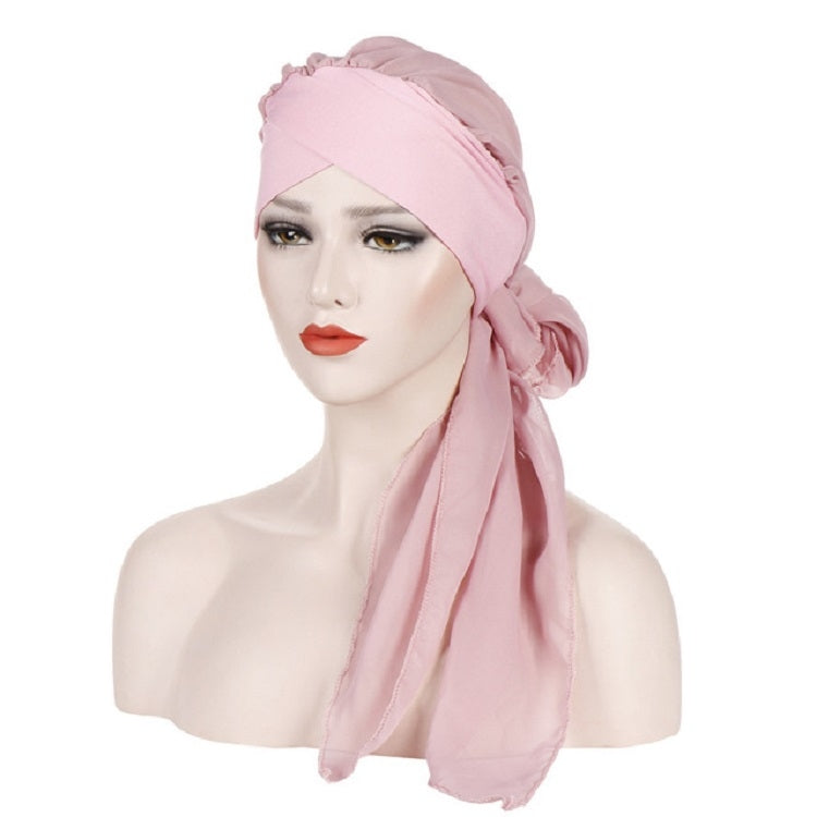 Ladies Forehead Cross Chiffon Long Tail Cap Turban Hat, One Size