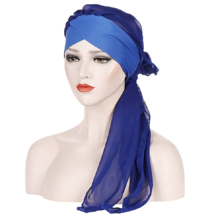 Ladies Forehead Cross Chiffon Long Tail Cap Turban Hat, One Size