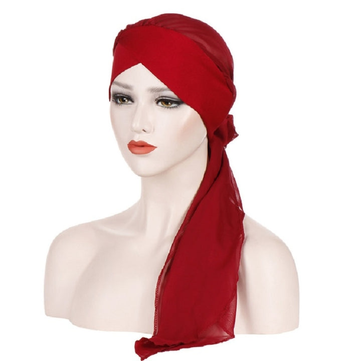 Ladies Forehead Cross Chiffon Long Tail Cap Turban Hat, One Size