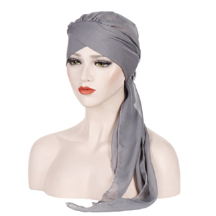 Ladies Forehead Cross Chiffon Long Tail Cap Turban Hat, One Size