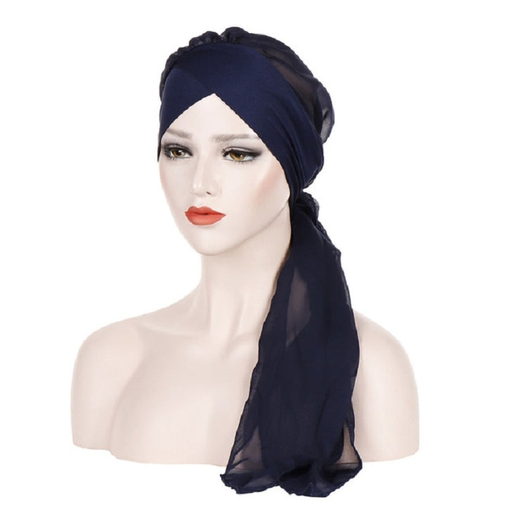 Ladies Forehead Cross Chiffon Long Tail Cap Turban Hat, One Size