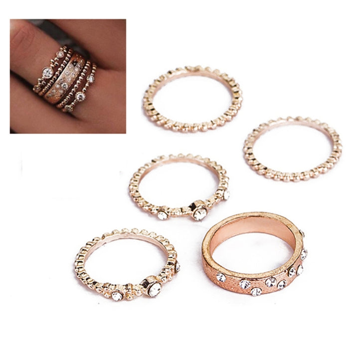 5 PCS/Set Fashion Women Rose Gold Rhinestone Elegant Rings Jewelry Set, 6, 7, 8, 9, 10