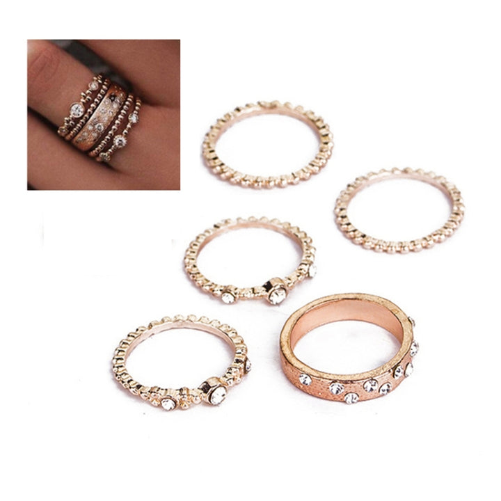 5 PCS/Set Fashion Women Rose Gold Rhinestone Elegant Rings Jewelry Set, 6, 7, 8, 9, 10