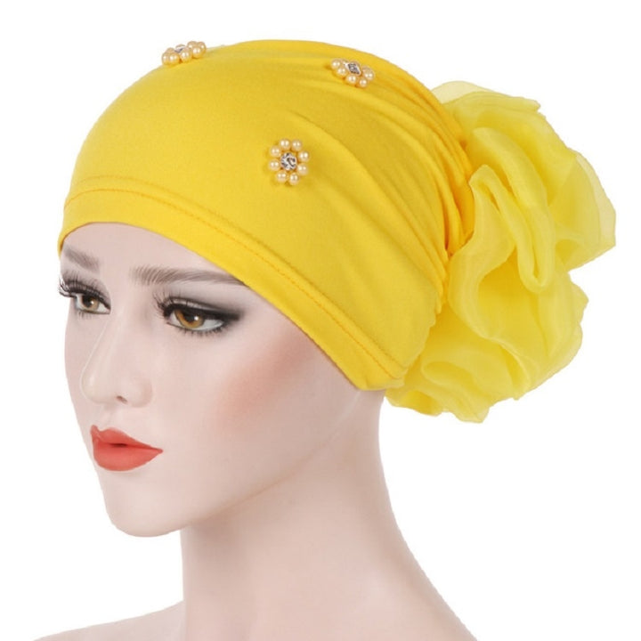 Women Personality Rear Flower Decoration Turban Hat Beaded Hooded Cap, M (56-58cm)