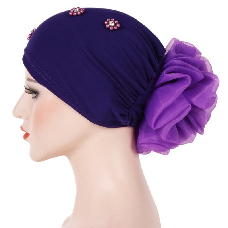 Women Personality Rear Flower Decoration Turban Hat Beaded Hooded Cap, M (56-58cm)