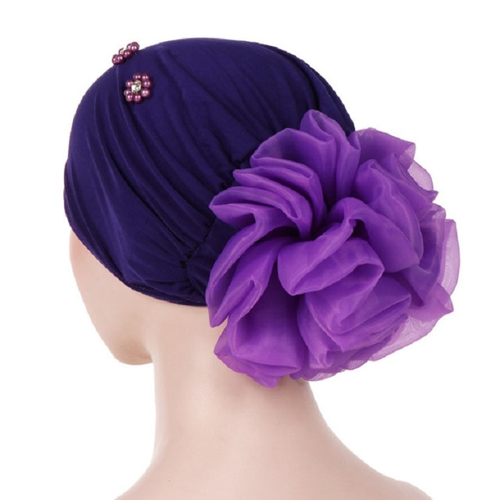 Women Personality Rear Flower Decoration Turban Hat Beaded Hooded Cap, M (56-58cm)