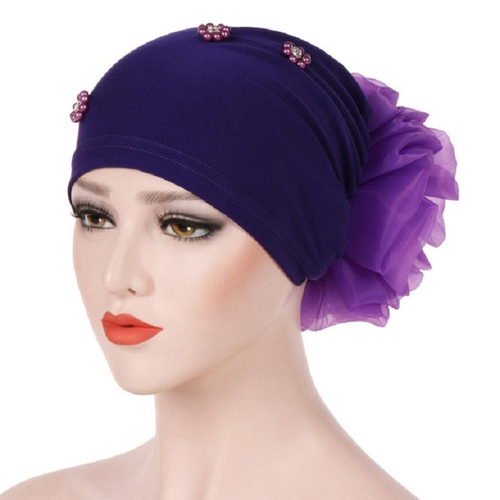 Women Personality Rear Flower Decoration Turban Hat Beaded Hooded Cap, M (56-58cm)