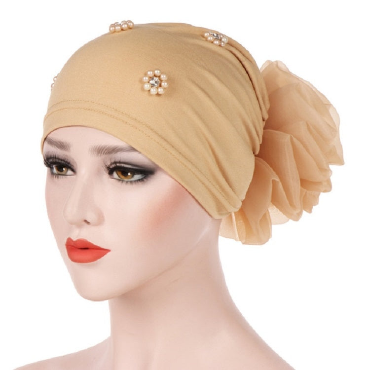 Women Personality Rear Flower Decoration Turban Hat Beaded Hooded Cap, M (56-58cm)