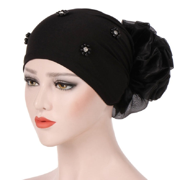 Women Personality Rear Flower Decoration Turban Hat Beaded Hooded Cap, M (56-58cm)