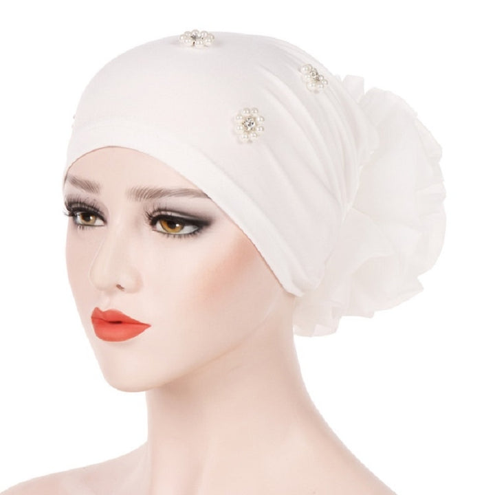 Women Personality Rear Flower Decoration Turban Hat Beaded Hooded Cap, M (56-58cm)