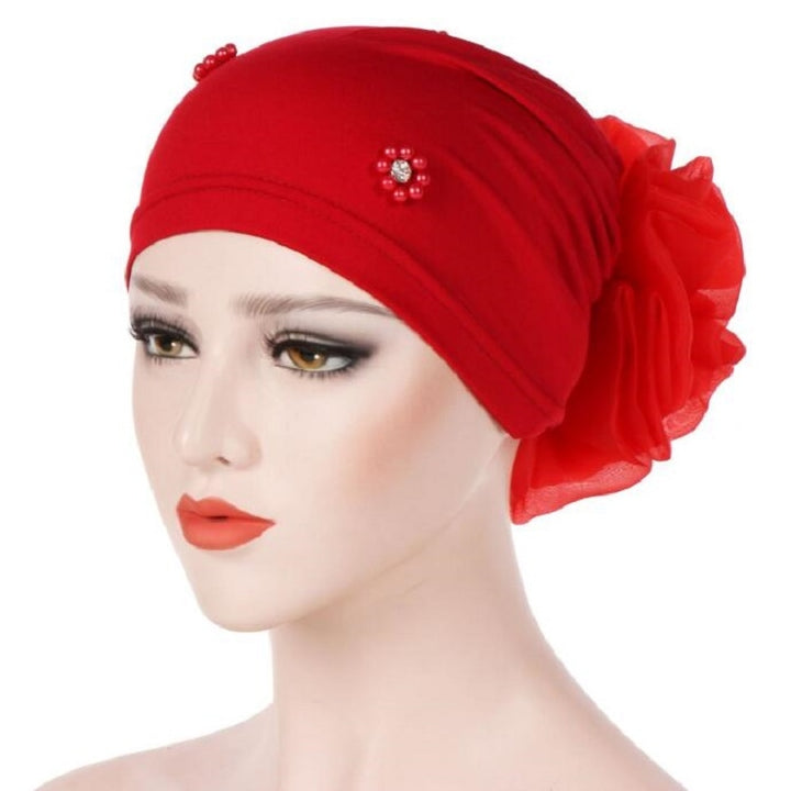 Women Personality Rear Flower Decoration Turban Hat Beaded Hooded Cap, M (56-58cm)