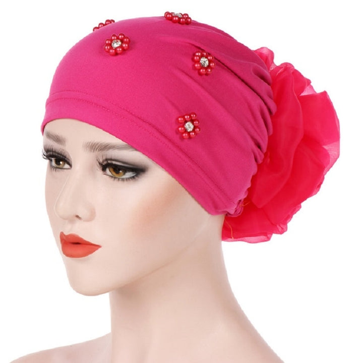 Women Personality Rear Flower Decoration Turban Hat Beaded Hooded Cap, M (56-58cm)