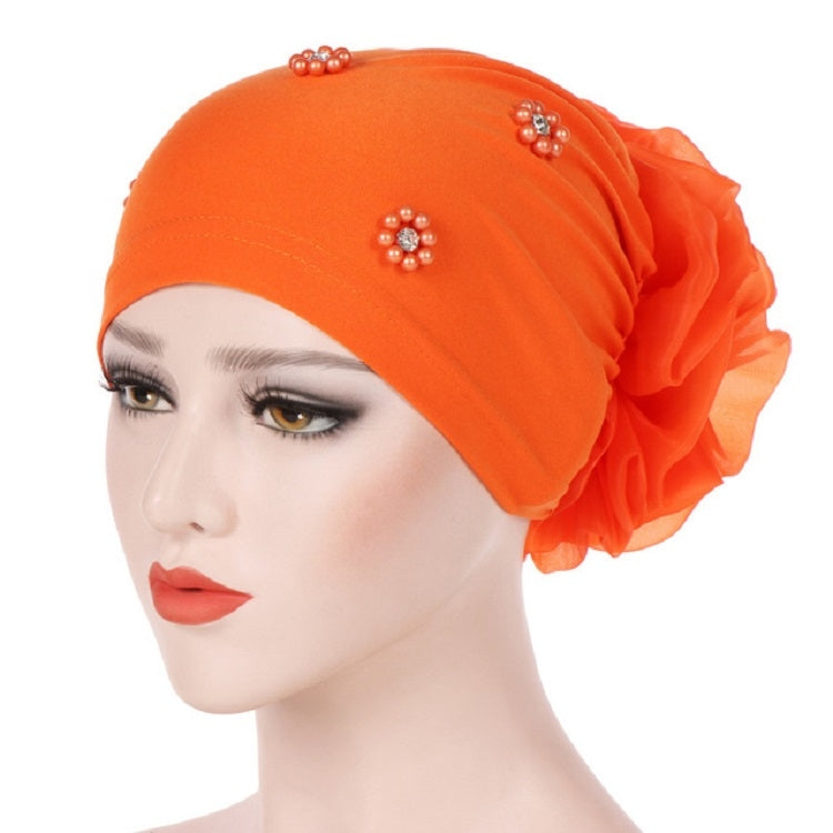 Women Personality Rear Flower Decoration Turban Hat Beaded Hooded Cap, M (56-58cm)