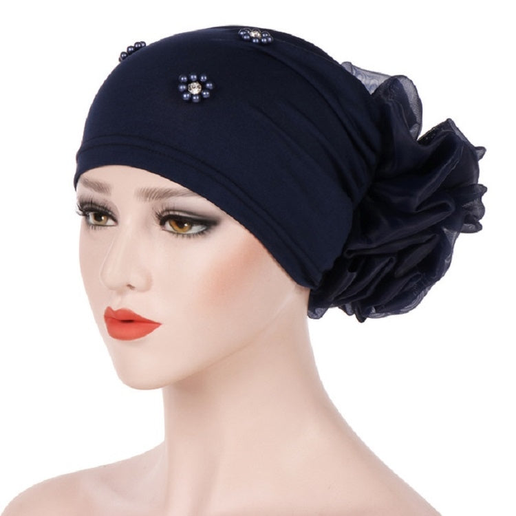 Women Personality Rear Flower Decoration Turban Hat Beaded Hooded Cap, M (56-58cm)