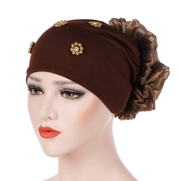 Women Personality Rear Flower Decoration Turban Hat Beaded Hooded Cap, M (56-58cm)