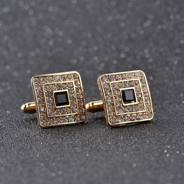 Classic Luxury Rhinestone Crystal Square Custom Enamel Men Cufflink Male French Shirt Cuff links Wedding, Light Yellow Gold Color, Silver Plated