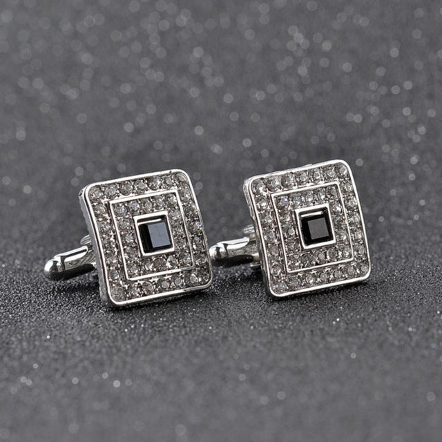 Classic Luxury Rhinestone Crystal Square Custom Enamel Men Cufflink Male French Shirt Cuff links Wedding, Light Yellow Gold Color, Silver Plated