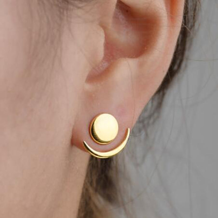 Trendy Crescent Moon Cute Ear Jackets Geometric Round Stud Earrings for Women, Gold, Silver