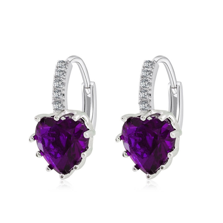 Cute Heart Real 925 Sterling Silver Cubic Zirconia Stone Earrings, Platinum with white Zirconia, Platinum with Purple Zirconia, Platinum with sea blue Zirconia, Platinum with Champagne, Platinum with Olive green, gold with Yellow Zirconia