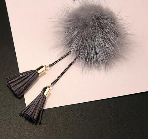 Fur Ball Brooch Chain Tassel Brooch For Women, Gray, Black, Gold, Wine Red