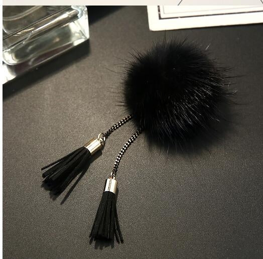 Fur Ball Brooch Chain Tassel Brooch For Women, Gray, Black, Gold, Wine Red