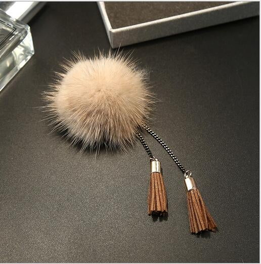 Fur Ball Brooch Chain Tassel Brooch For Women, Gray, Black, Gold, Wine Red