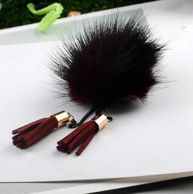 Fur Ball Brooch Chain Tassel Brooch For Women, Gray, Black, Gold, Wine Red