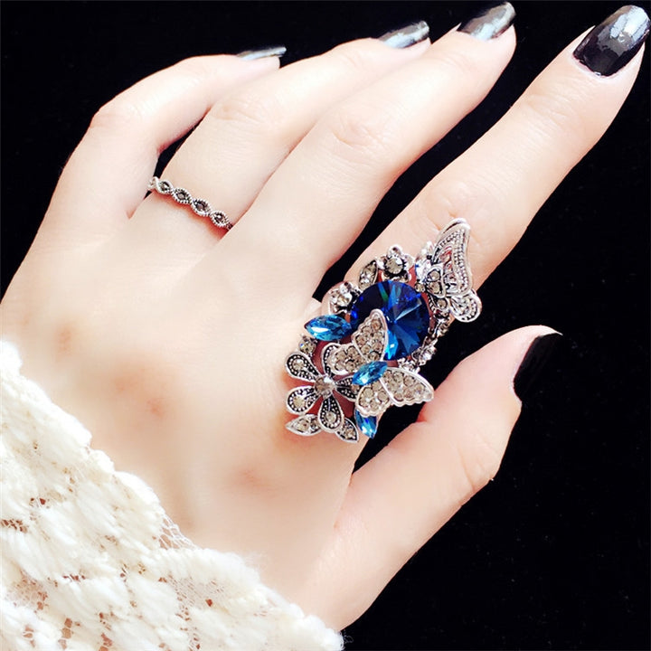 2 PCS/Set Women Fashion Retro Palace Gemstone Crystal Butterfly Ring, Blue, Purple