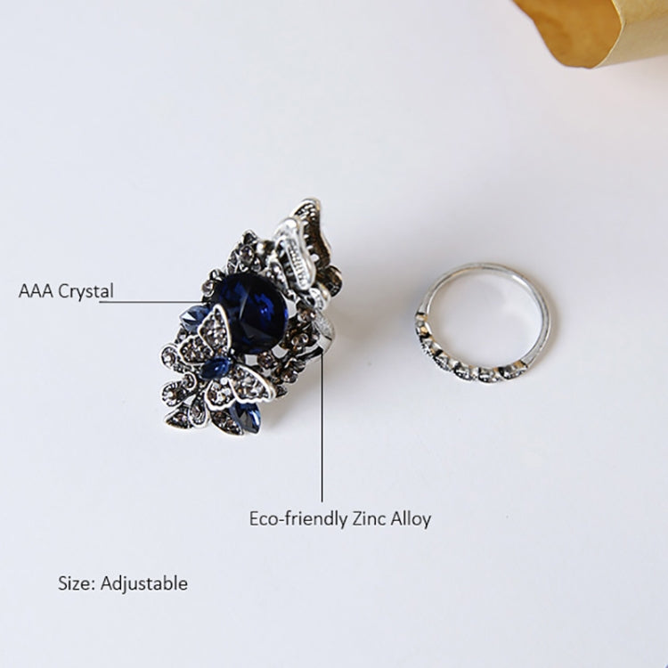 2 PCS/Set Women Fashion Retro Palace Gemstone Crystal Butterfly Ring, Blue, Purple