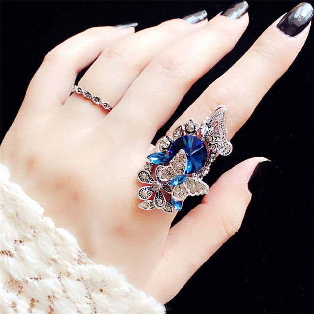 2 PCS/Set Women Fashion Retro Palace Gemstone Crystal Butterfly Ring, Blue, Purple