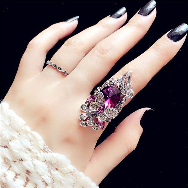 2 PCS/Set Women Fashion Retro Palace Gemstone Crystal Butterfly Ring, Blue, Purple