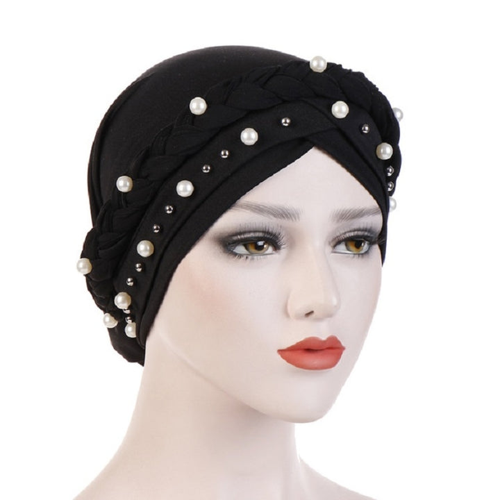 Ladies Turban Cap Milk Silk Single Braid Cap Rivet White Pearl Hooded Cap, 58cm