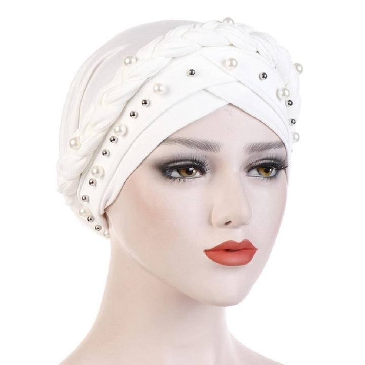 Ladies Turban Cap Milk Silk Single Braid Cap Rivet White Pearl Hooded Cap, 58cm