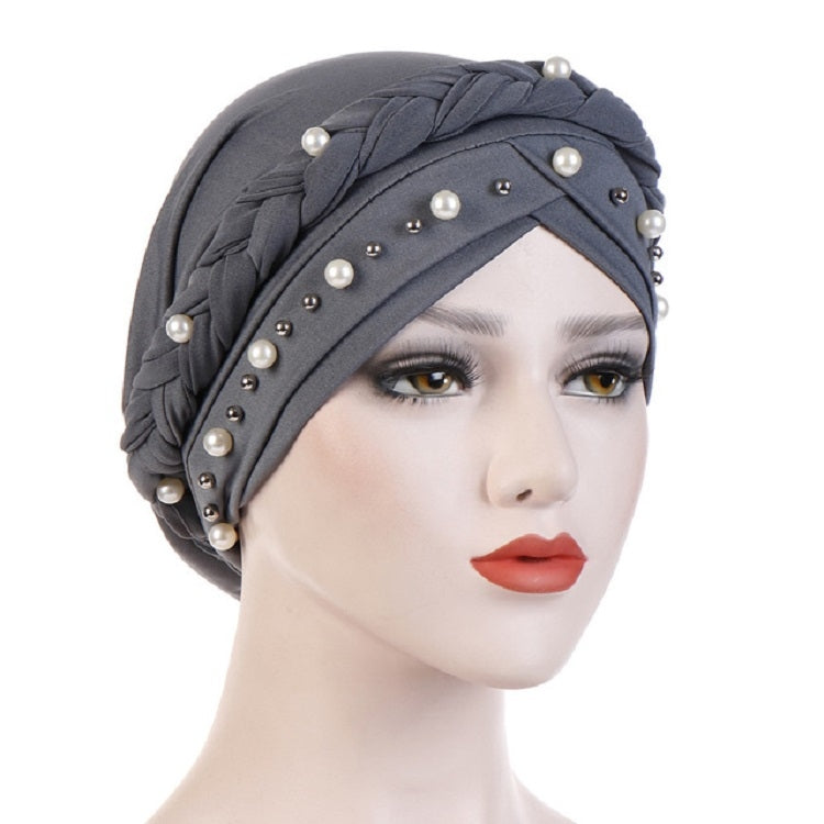 Ladies Turban Cap Milk Silk Single Braid Cap Rivet White Pearl Hooded Cap, 58cm