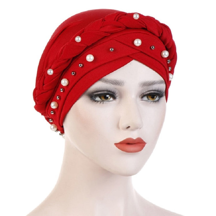 Ladies Turban Cap Milk Silk Single Braid Cap Rivet White Pearl Hooded Cap, 58cm