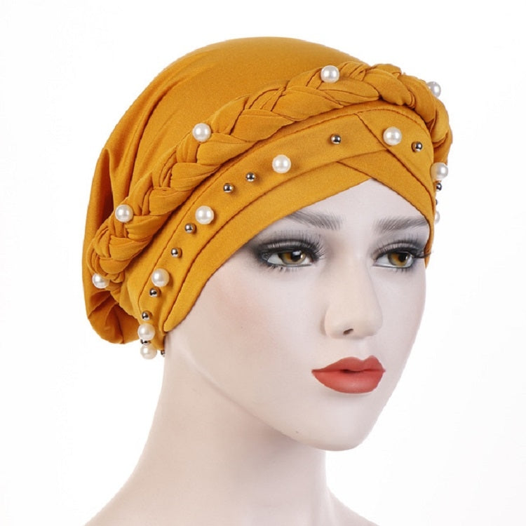 Ladies Turban Cap Milk Silk Single Braid Cap Rivet White Pearl Hooded Cap, 58cm