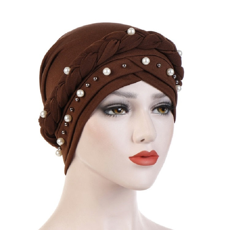 Ladies Turban Cap Milk Silk Single Braid Cap Rivet White Pearl Hooded Cap, 58cm