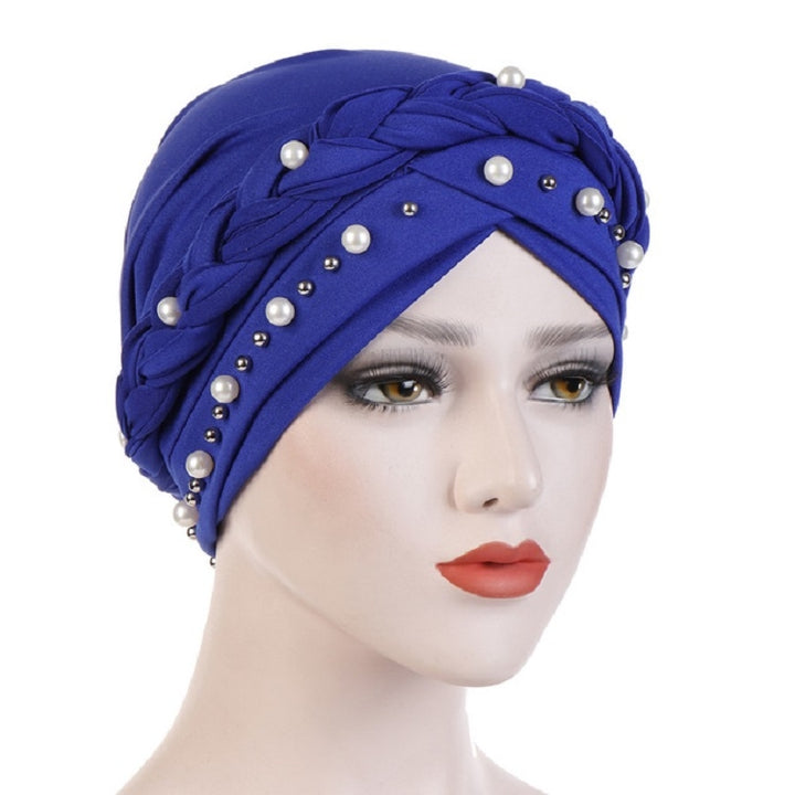 Ladies Turban Cap Milk Silk Single Braid Cap Rivet White Pearl Hooded Cap, 58cm