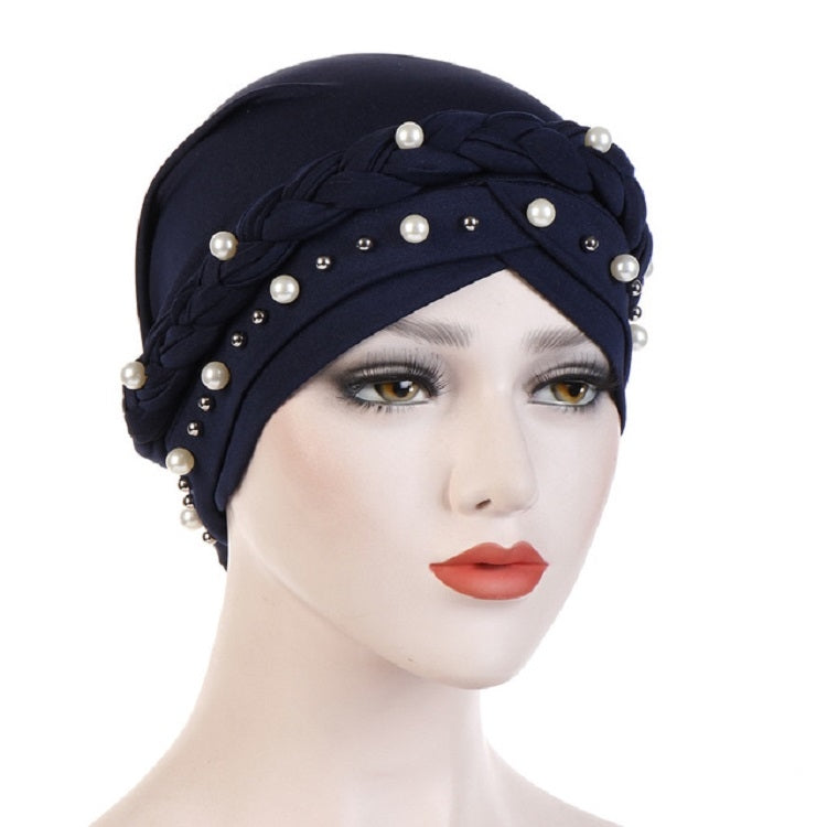 Ladies Turban Cap Milk Silk Single Braid Cap Rivet White Pearl Hooded Cap, 58cm