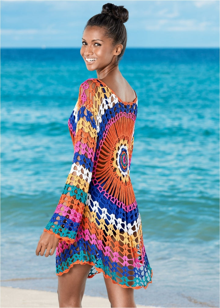 Women Beach Out Of Dresses And Tunic Beachwear By Knits Rainbow Knitting Hollow Overall