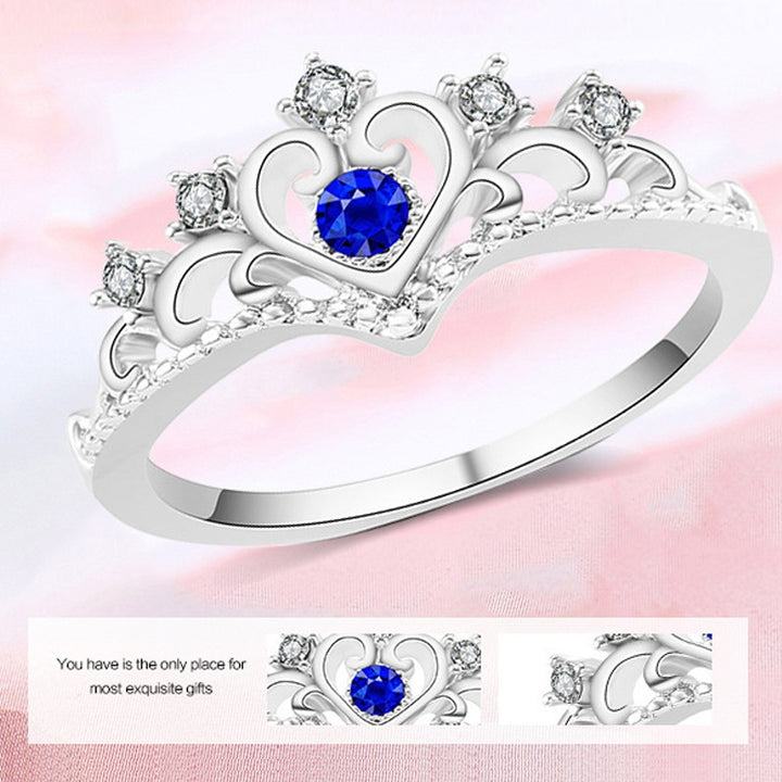 Women Crystal Ring Fashion Love Heart Crown Rhinestone Ring, Red diamond, Blue Diamond