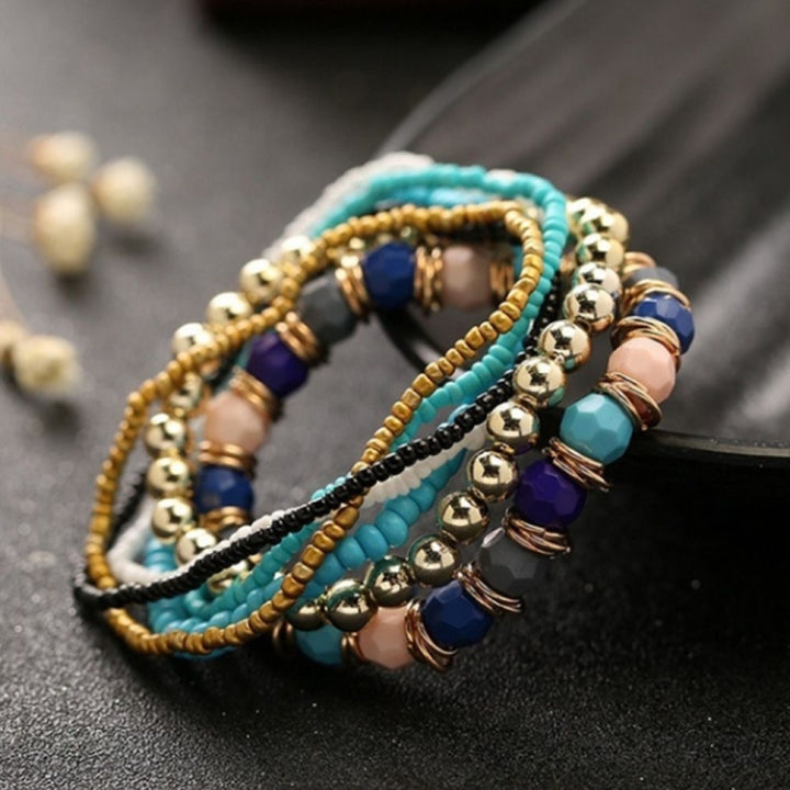 Women Four Seasons Bohemian Multi-layer Beaded Elastic Bracelet, black, light blue, brown, yellow, pink, light green