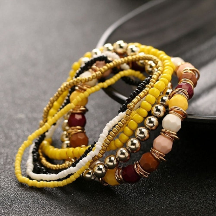 Women Four Seasons Bohemian Multi-layer Beaded Elastic Bracelet, black, light blue, brown, yellow, pink, light green