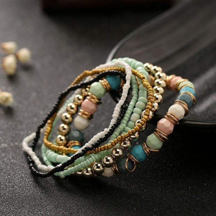 Women Four Seasons Bohemian Multi-layer Beaded Elastic Bracelet, black, light blue, brown, yellow, pink, light green