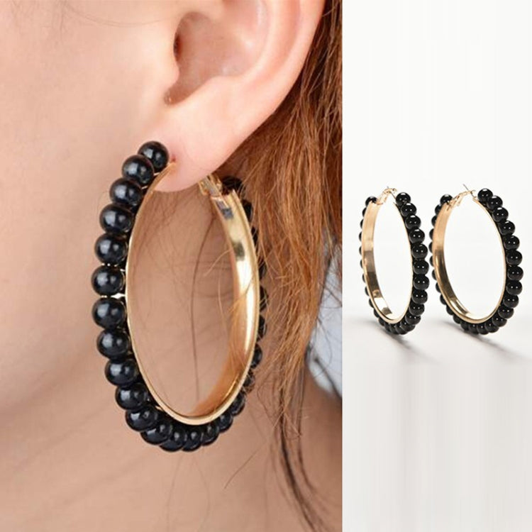 1 Pair Girls Hoop Pearl Earring With Big Circle, Black, White, Black and White