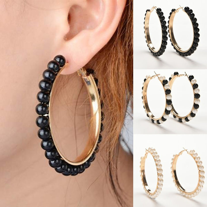 1 Pair Girls Hoop Pearl Earring With Big Circle, Black, White, Black and White